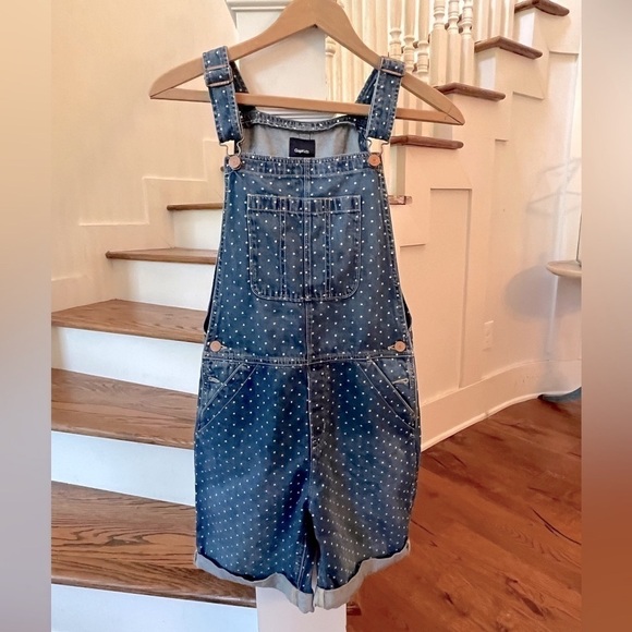 Gap overalls shorts polka dot blue white denim NWOT Big Girls Size XXL 16 18 - Picture 2 of 8